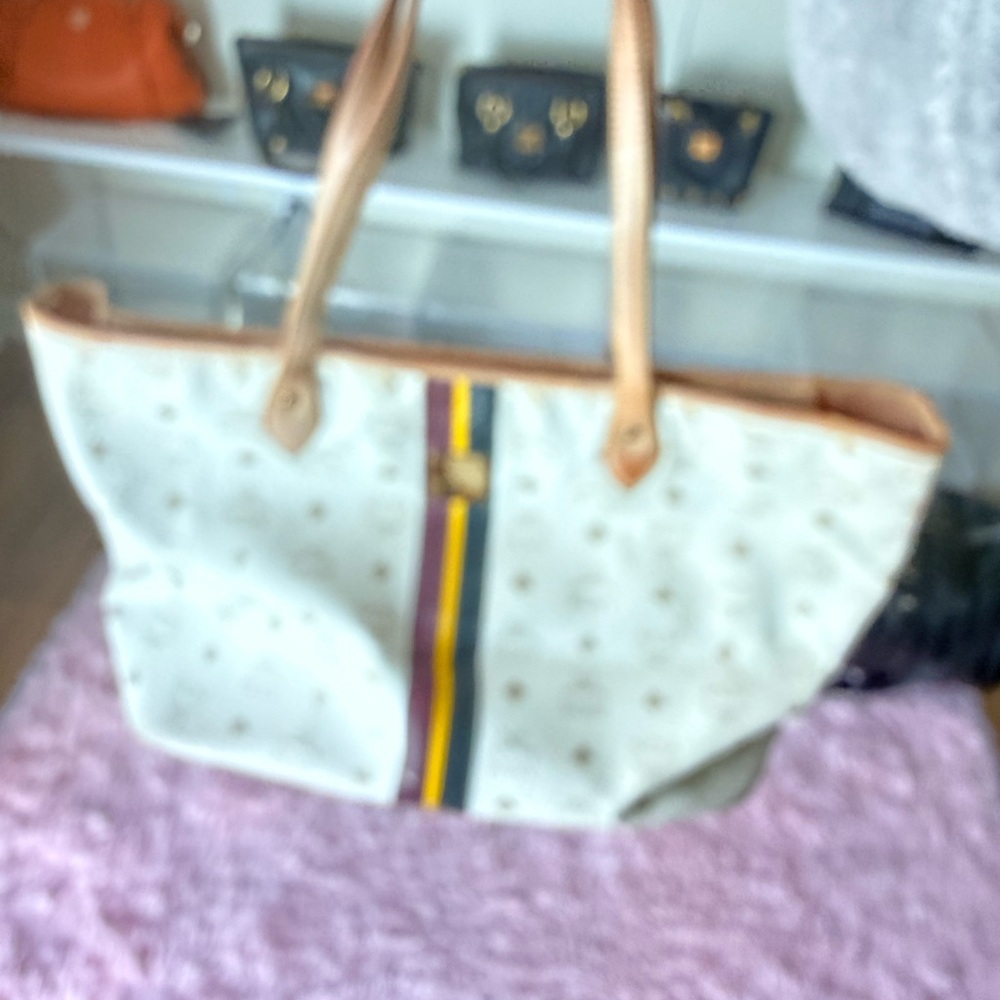 Low start MCM Cream Tote with Multicolor Center Stripe
